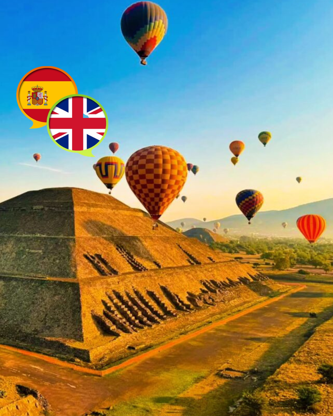 Globos aerostáticos sobrevolando la Pirámide del Sol en Teotihuacán